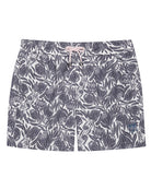 Mens swim shorts in navy blue floral Protea print by designer Lotty B for Pink House Mustique