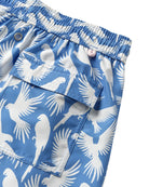 Back pocket detail of men's swim shorts in blue and white Parrot print, recycled fabric by Pink House 