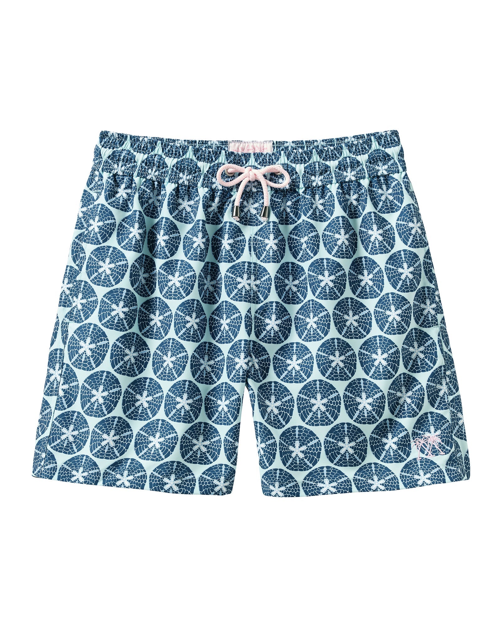 Mens recycled swim shorts in blue Sand Dollar print by Pink House Mustique