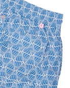 Back pocket detail of mens swim shorts in blue Shelltop print by Pink House Mustique