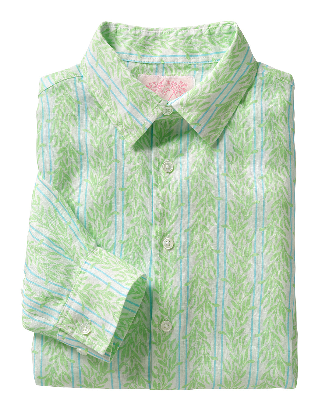 Men's linen shirt in green Sealeaf print with blue stripes from Pink House