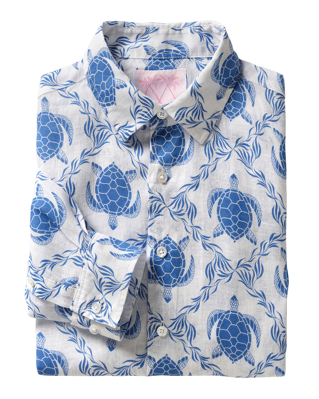 Men's linen shirt in classic blue Turtle Trellis print from Pink House