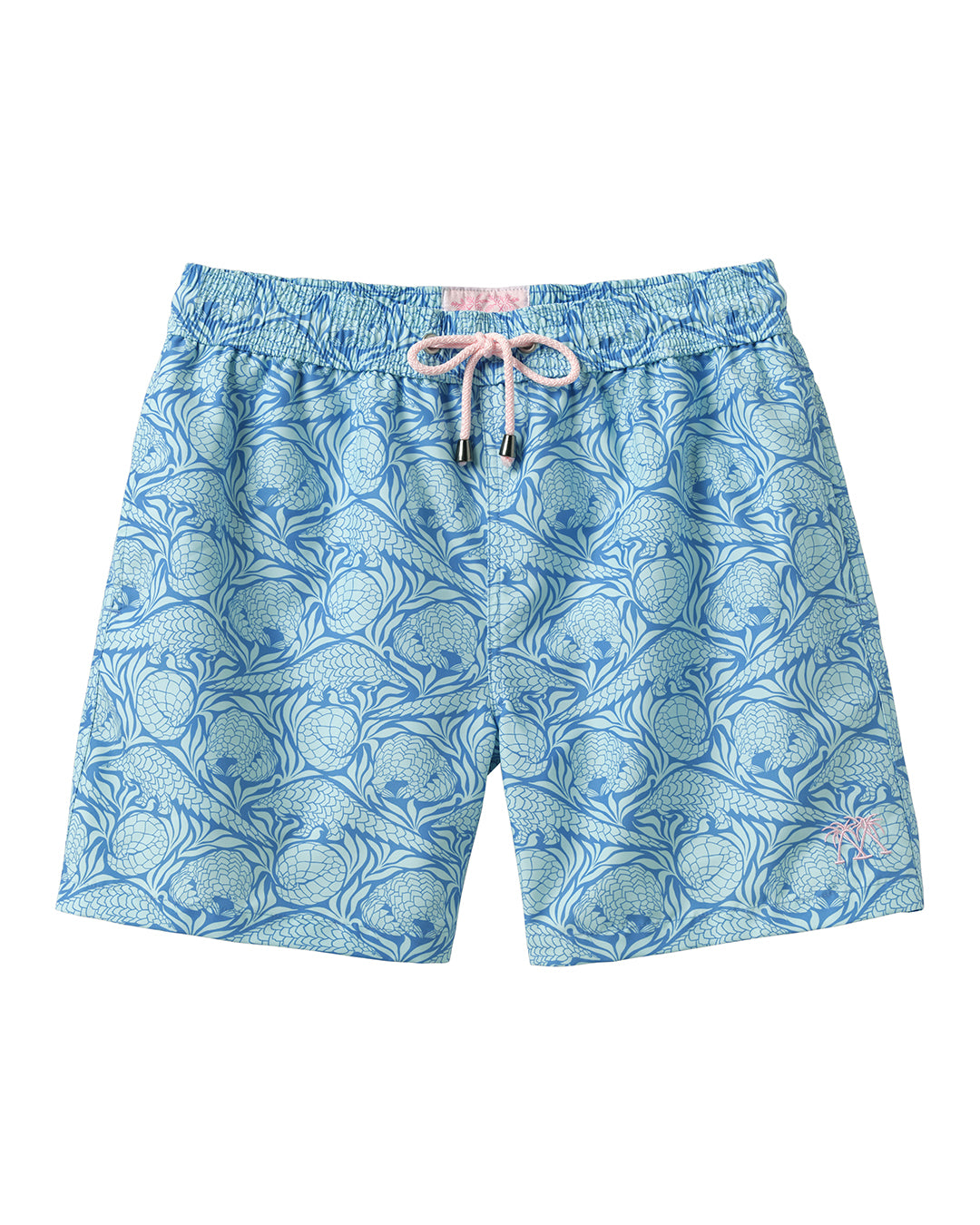 Men's recycled swim shorts in turquoise blue Pangolin print by Pink House