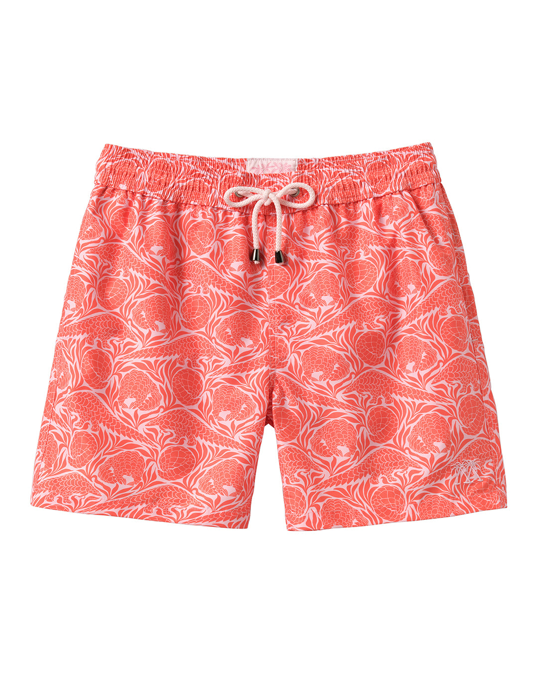 Men's recycled swim shorts in coral pink and orange Pangolin print by Pink House