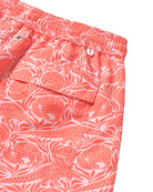 Men's eco swim shorts back pocket detail in coral pink and orange Pangolin print from Pink House