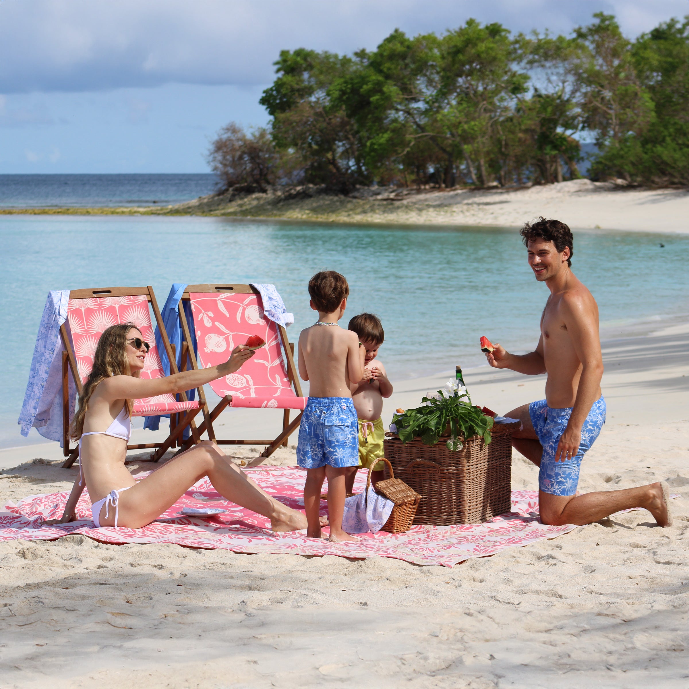 Whether at a beach picnic or sun-downers at Basil’s Bar, the Pink House linen, silk and swim collections are seen in full force on the community of Mustique visitors.