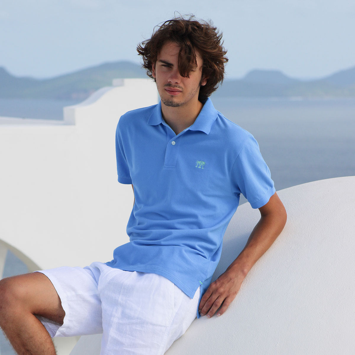 Mens pure cotton blue polo shirt Mustique villa life