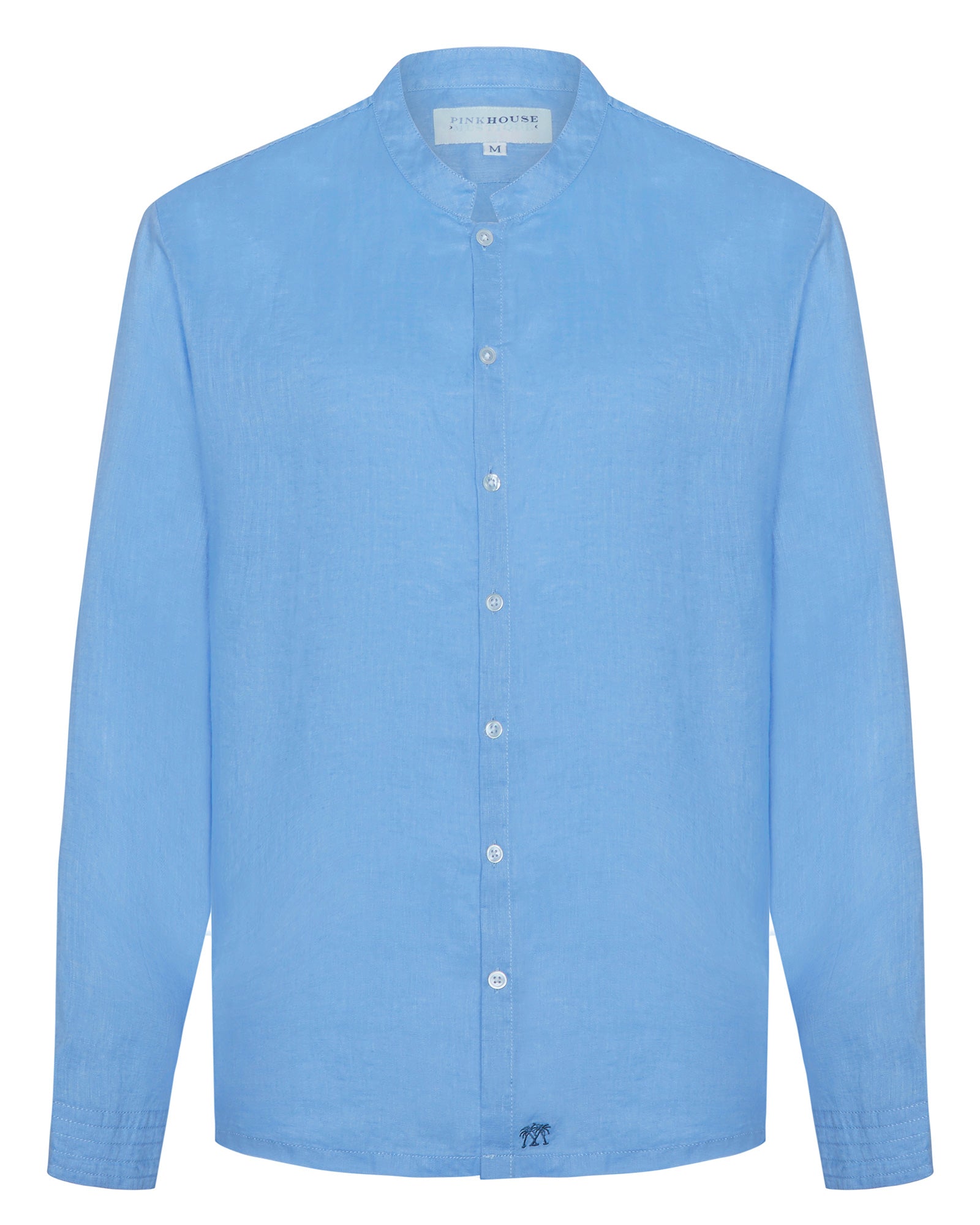 Long Sleeved Mens Collarless Linen Shirt : FRENCH BLUE. Designer Lotty B for Pink House Mustique