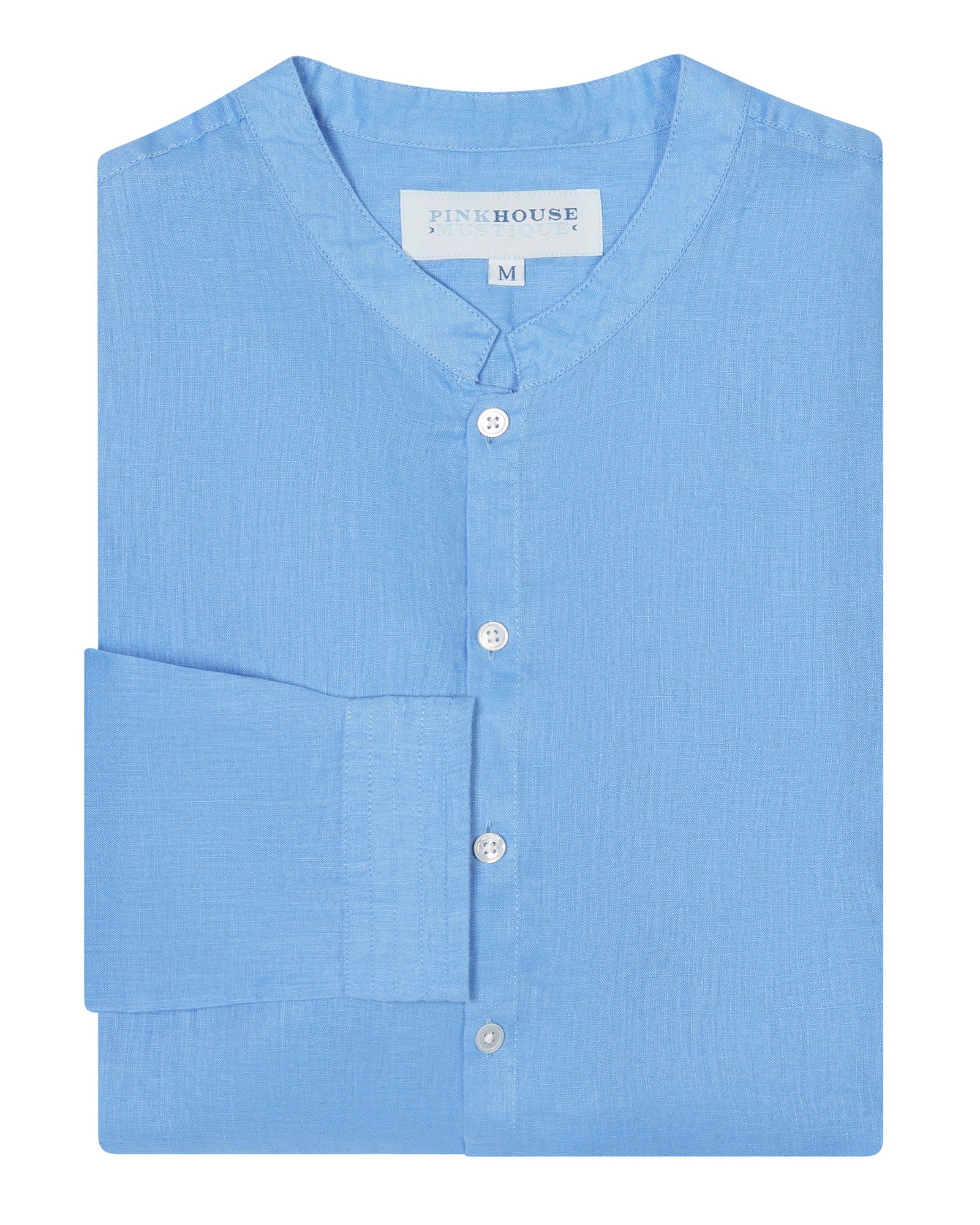 Folded Mens Collarless Linen Shirt : FRENCH BLUE. Designer Lotty B for Pink House Mustique