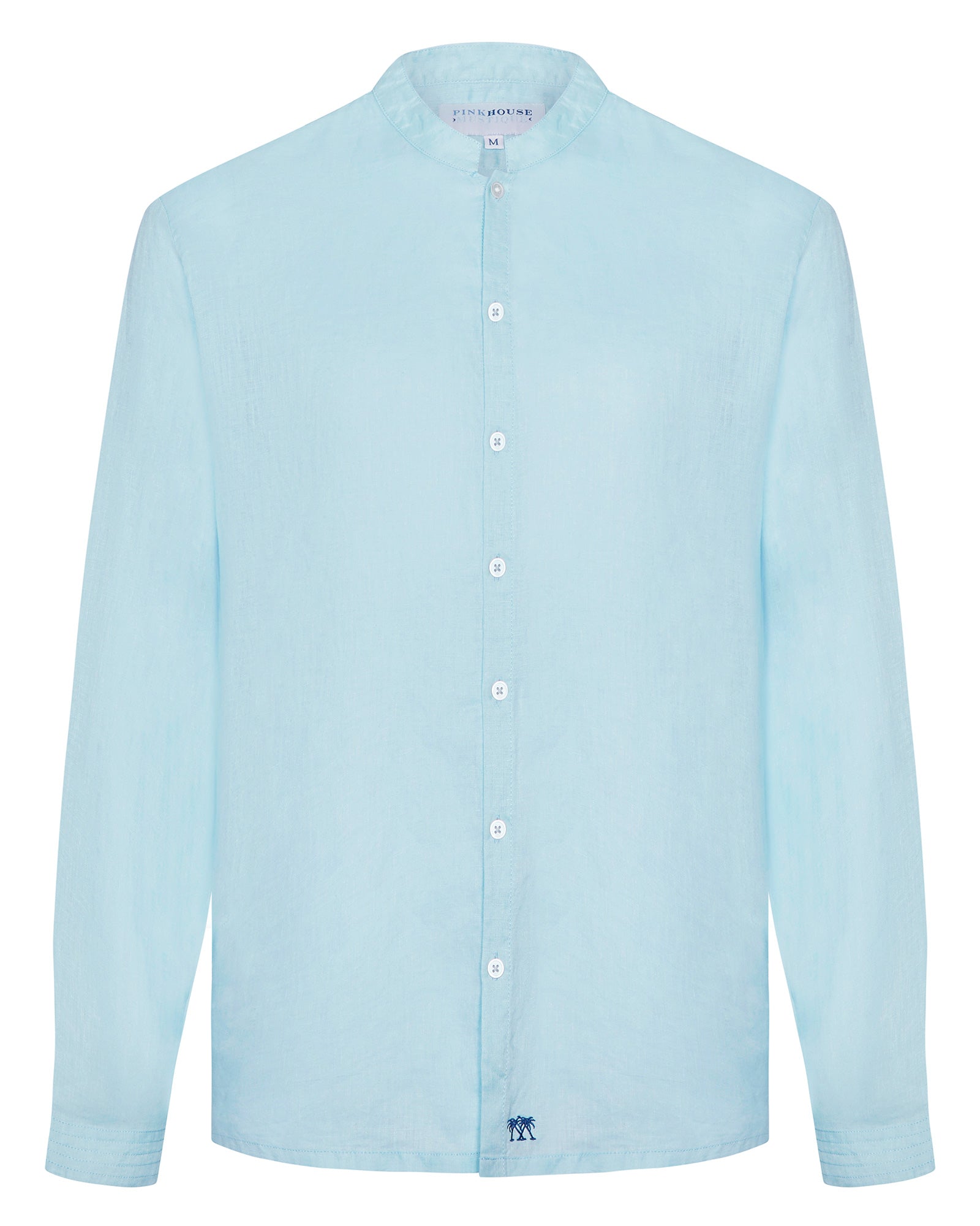 Long Sleeved Mens Grandad Linen Shirt : PALE BLUE. Designer Lotty B for Pink House Mustique. Exclusive Mens resort wear