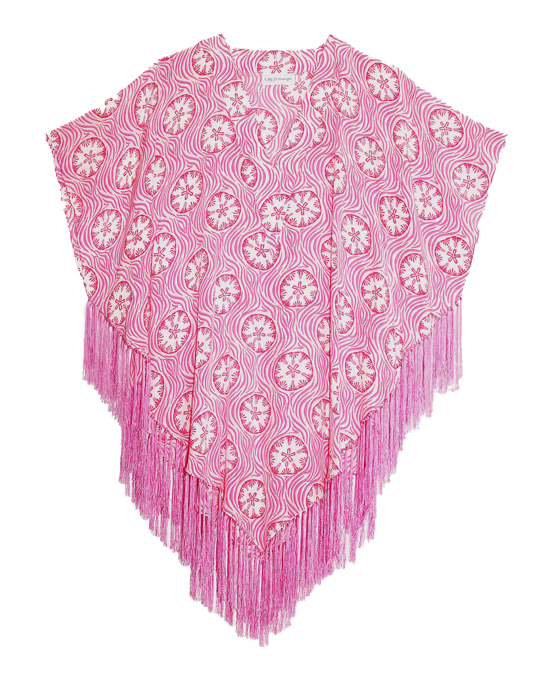 Pure silk Poncho in coral pink Sand Dollar patterned Crepe-de-Chine by designer Lotty B