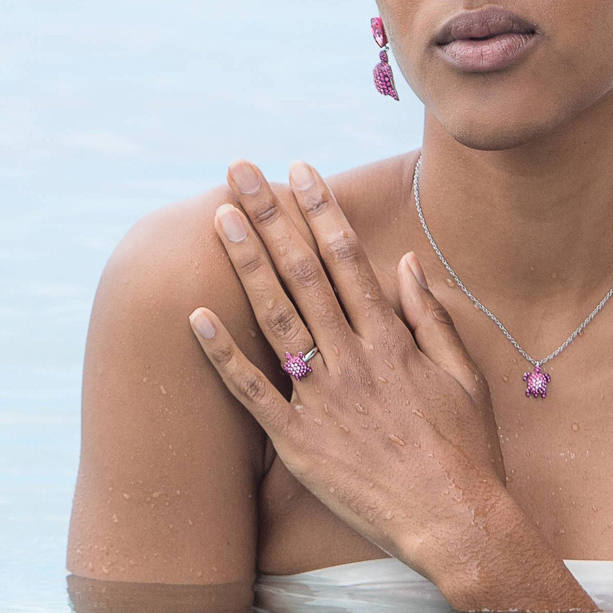 MUSTIQUE SEA LIFE TURTLE Collaboration by Catherine Prevost with Atelier Swarovski in aid of St Vincent and the Grenadines environment fund: Pink Turtle Cocktail Ring available at The Pink House Mustique