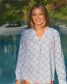 Breezy Caribbean style womens Linen Blouse: PAPAYA - BLUE