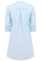 Womens flared Decima dress in pale blue Guava print, holiday fashion by Lotty B Mustique 