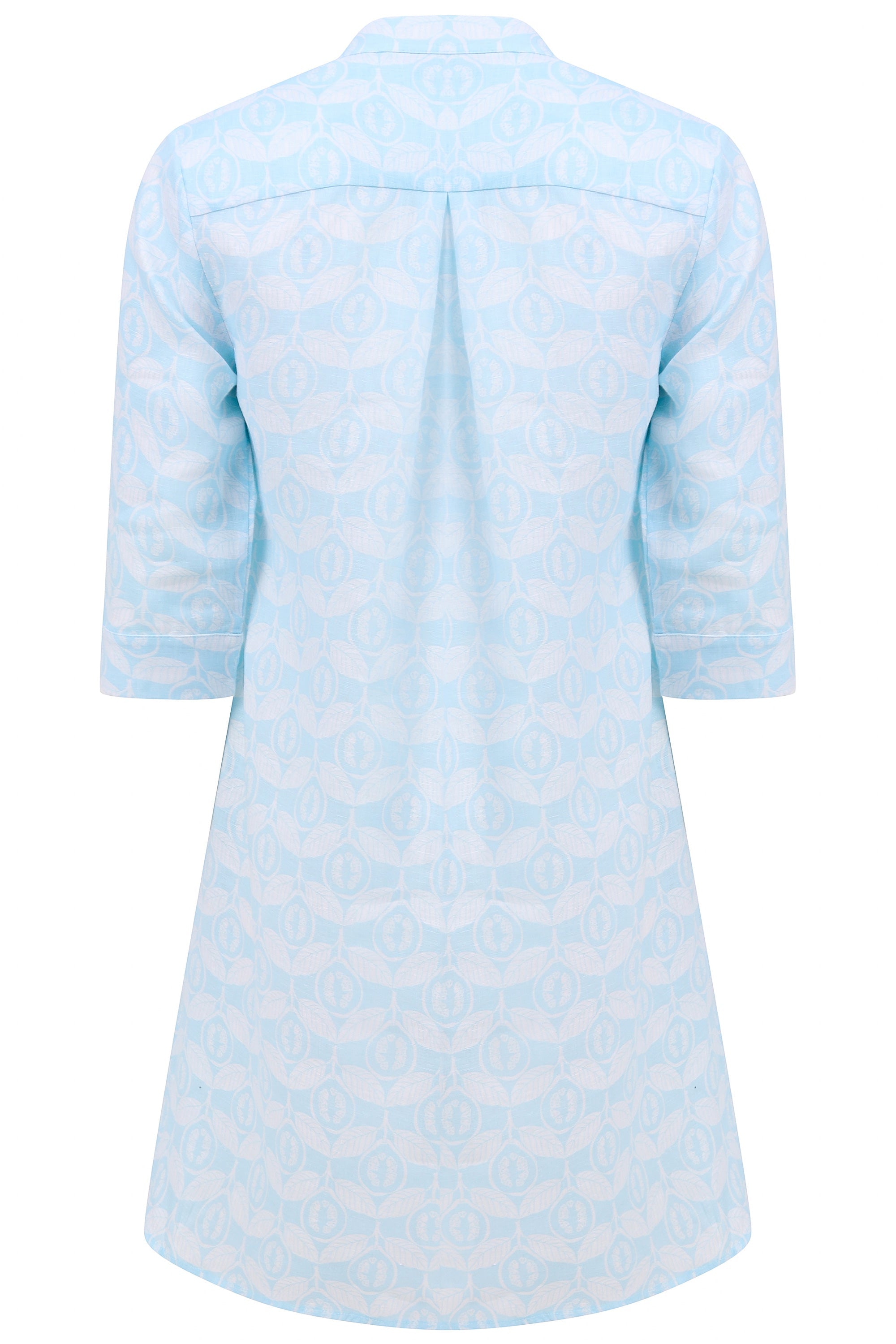 Womens flared Decima dress in pale blue Guava print, holiday fashion by Lotty B Mustique 