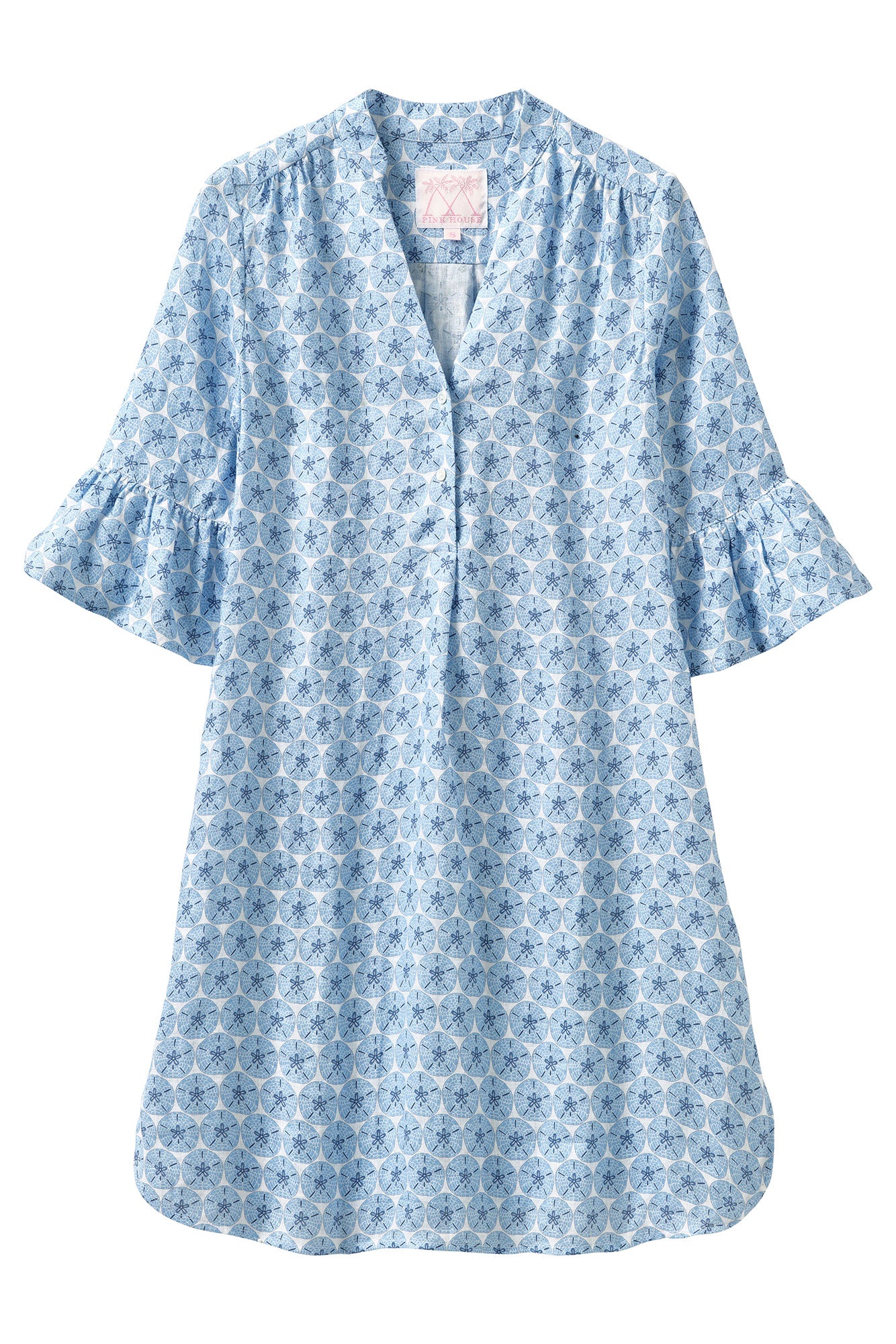 Women's linen Decima dress with frilled cuffs in blue Sand Dollar print by Pink House