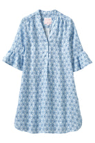 Women's linen Decima dress with frilled cuffs in blue Sand Dollar print by Pink House