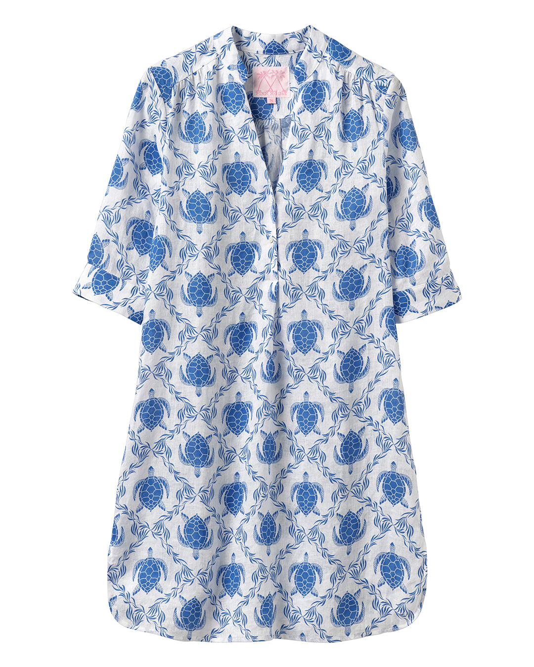 Women's linen Decima dress in classic blue Turtle Trellis print from Pink House