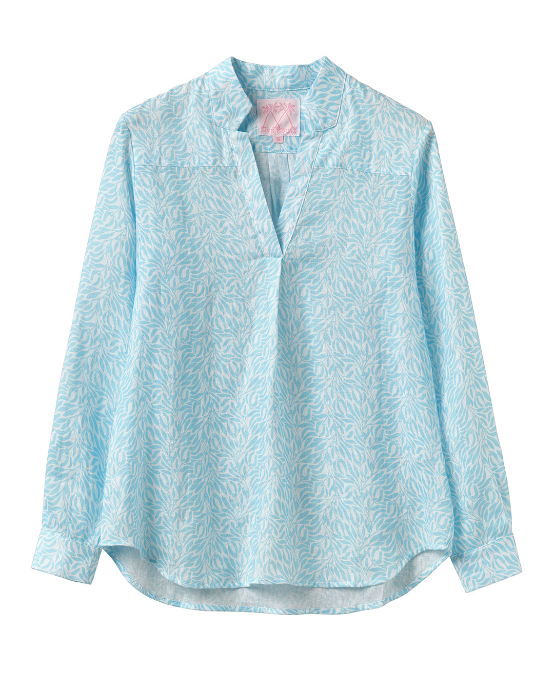 Women's linen Kim shirt in light blue Sealeaf print from Pink House