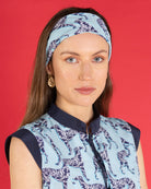 Elegant silk party outfit, Marina waistcoat in pale blue crepe de Chine Lurcher print by designer Lotty B Mustique for Pink House Atelier Collections