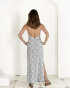 Backless slk halter neck dress with side seam leg split in Sand Dollar pale blue and taupe by Lotty B