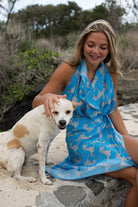 Silk sarong beach dress in Lurcher green & blue print designer Lotty B Mustique