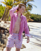 Mens holiday essentials recycled swim shorts in Sand Dollar pink and blue pattern by Pink House Mustique