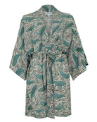 Silk Bed to beach robe in monochrome green-grey Whale print by designer Lotty B Mustique