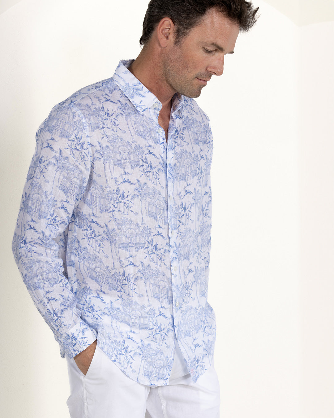 Mens stylish resortwear pure linen shirt in signature blue Pink House Toile de Jouy print by designer Lotty B