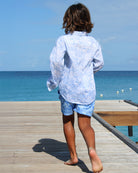 Kids unisex linen shirt in signature blue Pink House Toile de Jouy print Cotton House pier, Mustique Island