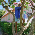 Shopping on Mustique island in dazzling blue linen shirt