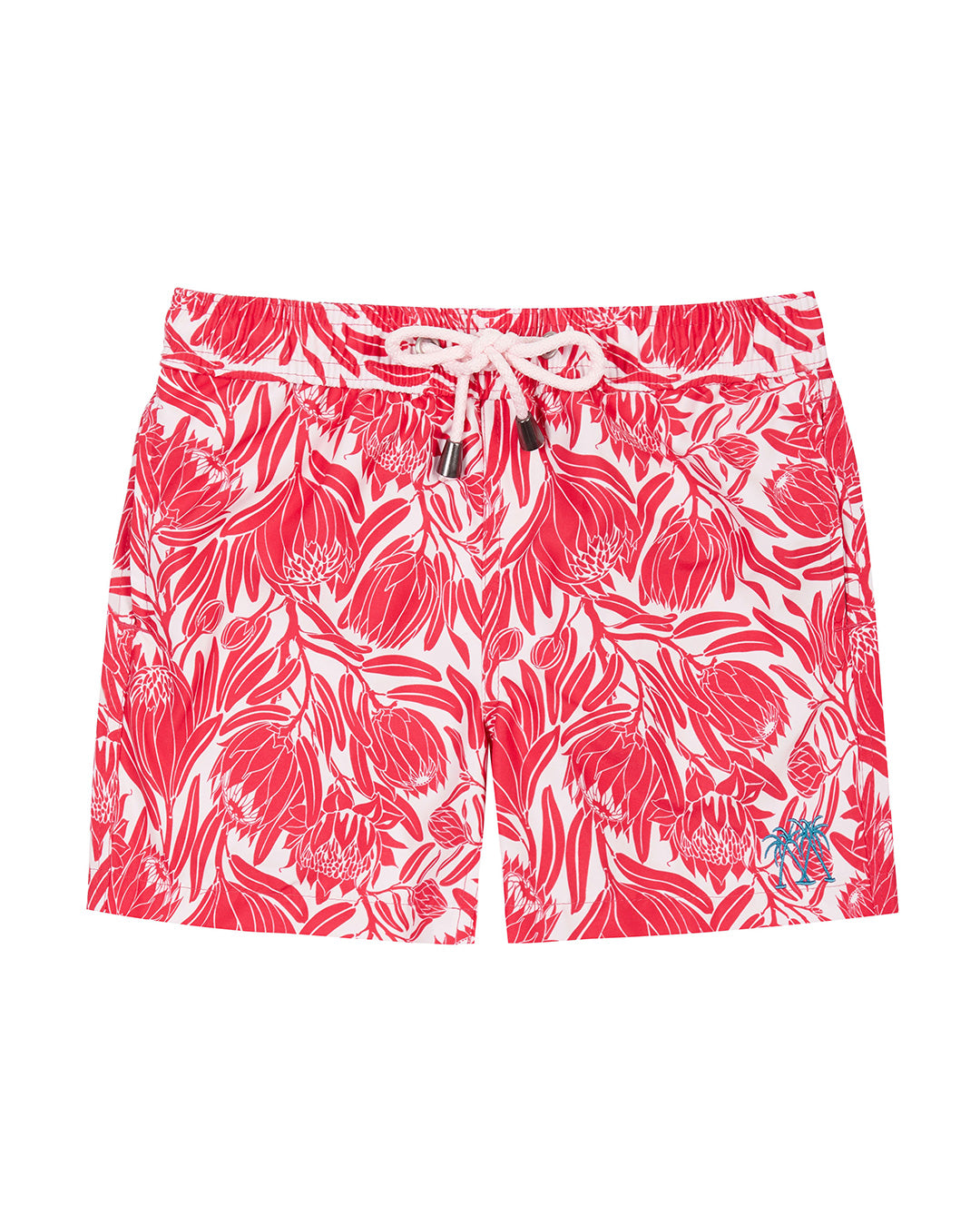 Kids swim shorts recycled fabric in floral protea red and white print