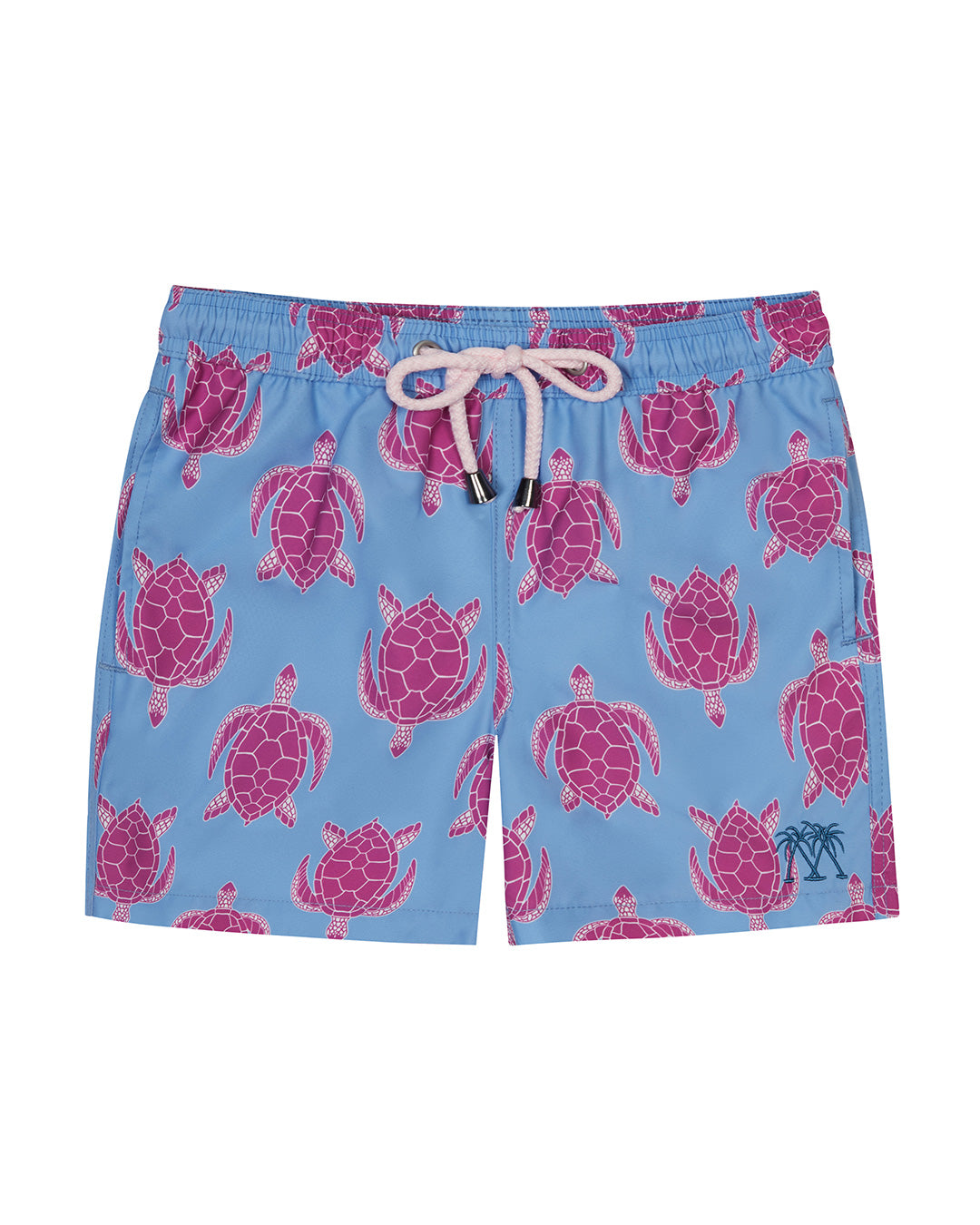 Kids blue and pink Turtle swim shorts in repreve recycled polyester mix by Lotty B for Pink House