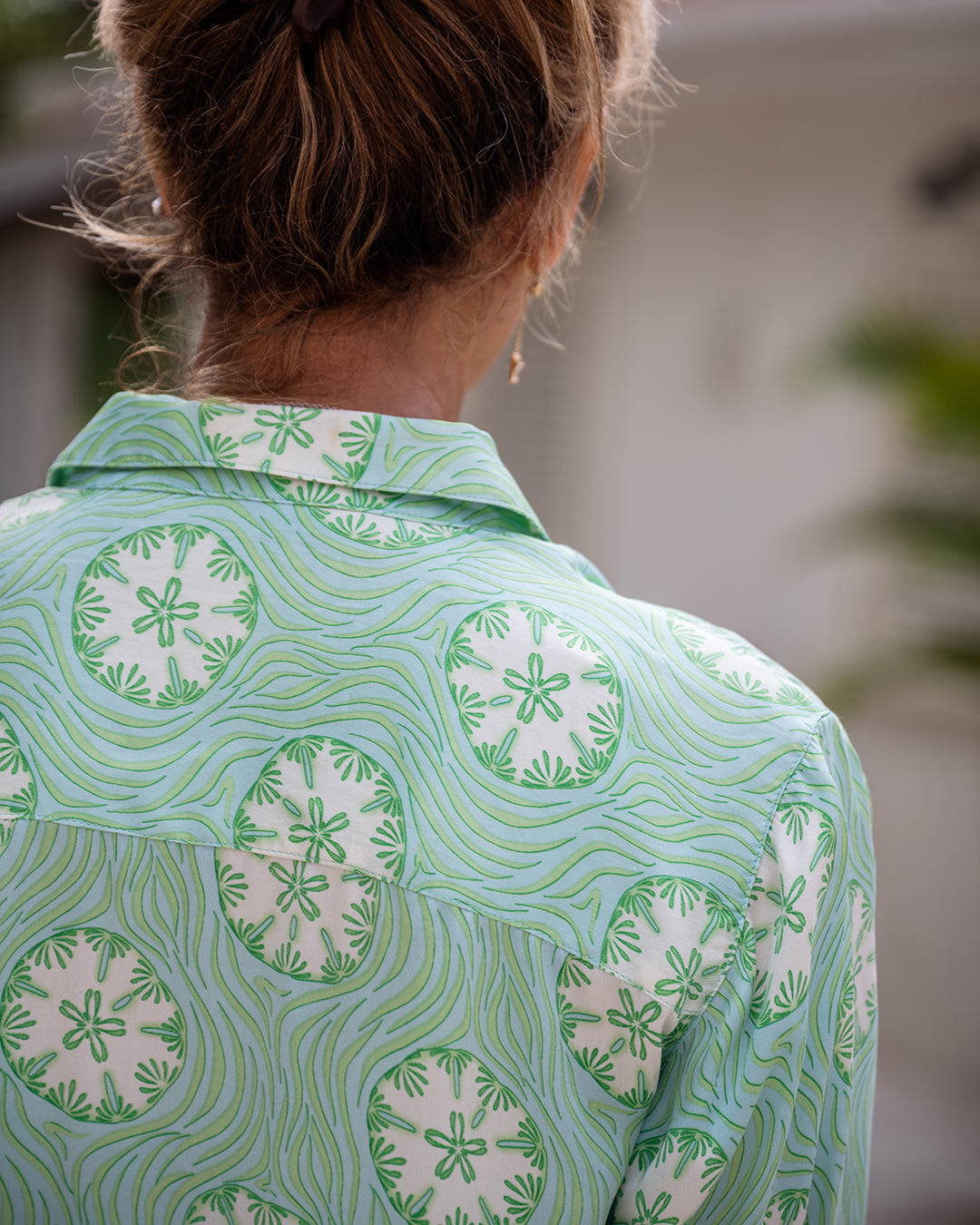 Luxury vacation fashion - pure silk shirt in green sand dollar print by Lotty B Mustique