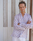 Mens Collarless Linen Shirt : MUSTIQUE MULE red Mustique lifestyle