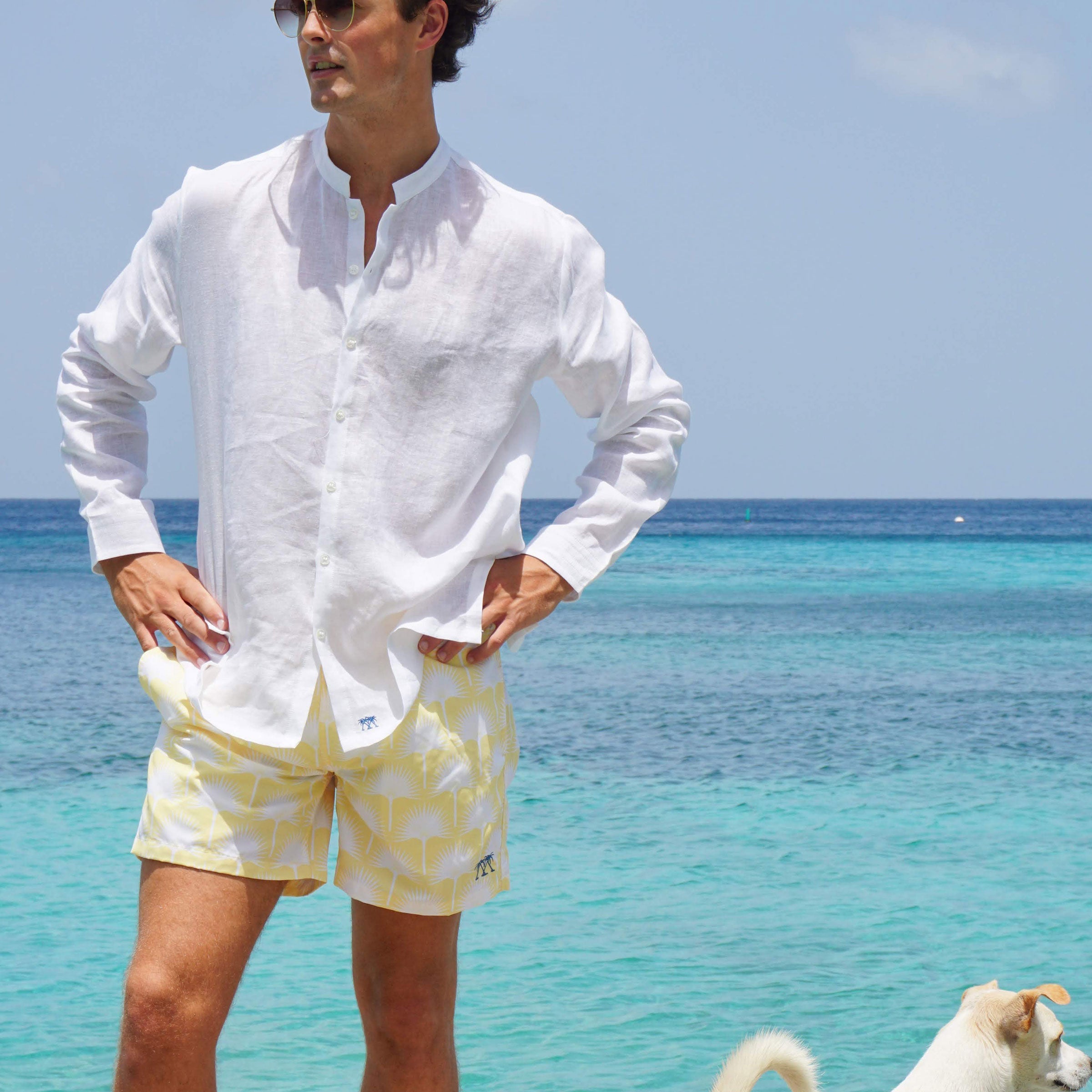 Mens swim trunks : FAN PALM - YELLOW, Mustique Caribbean vacation life