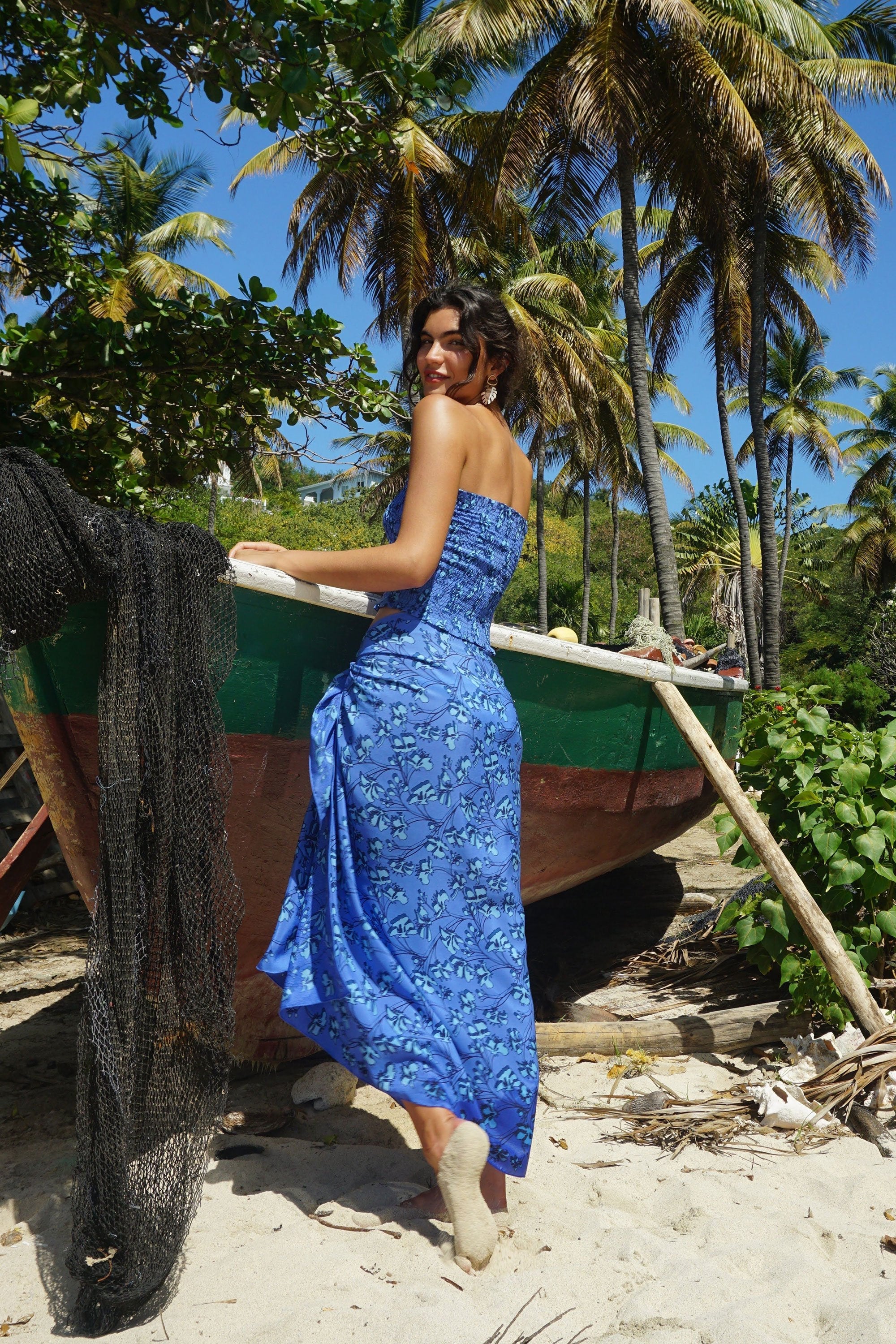 Lotty B Sarong in Silk Crepe-de-Chine: FLAMBOYANT FLOWER - BLUE designer Lotty B Mustique beautiful beach cover ups