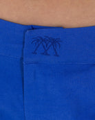 Womens Linen Shorts : DAZZLING BLUE, waist fastening & emblem detail, designer Lotty B