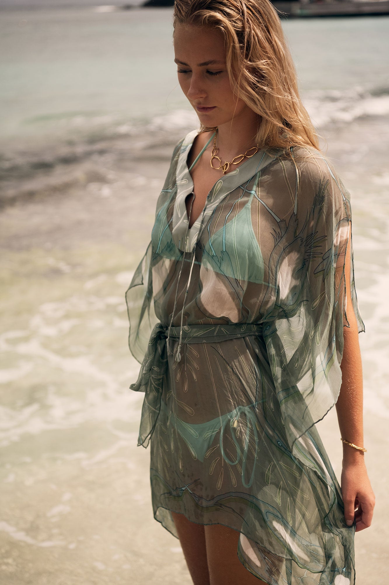 Designer beach wear, chiffon silk Cosima Kaftan in lichen green Egret design, Cotton House Hotel, Mustique