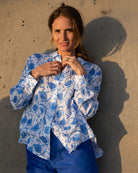 Pretty Pomegranate blue print women's linen shirt cover up by designer Lotty B