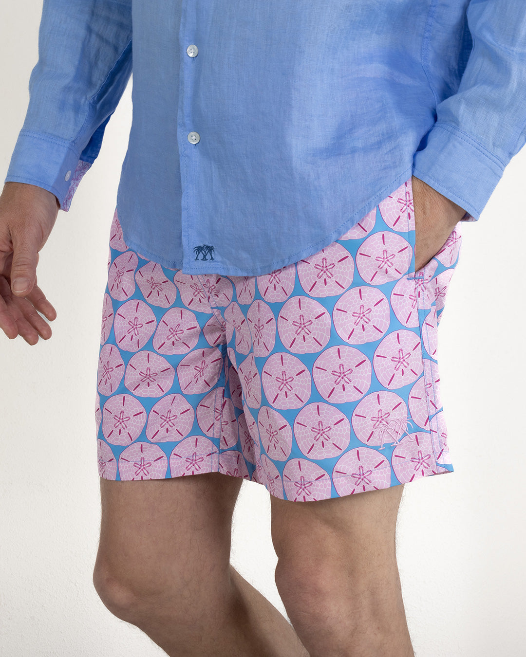 Best quality mens quick dry swim shorts in Sand Dollar pink and blue by Pink House Mustique