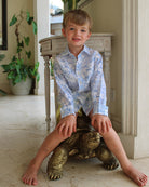 Kids tropical vacation shirt in blue Pink House Toile de Jouy print by designer Lotty B