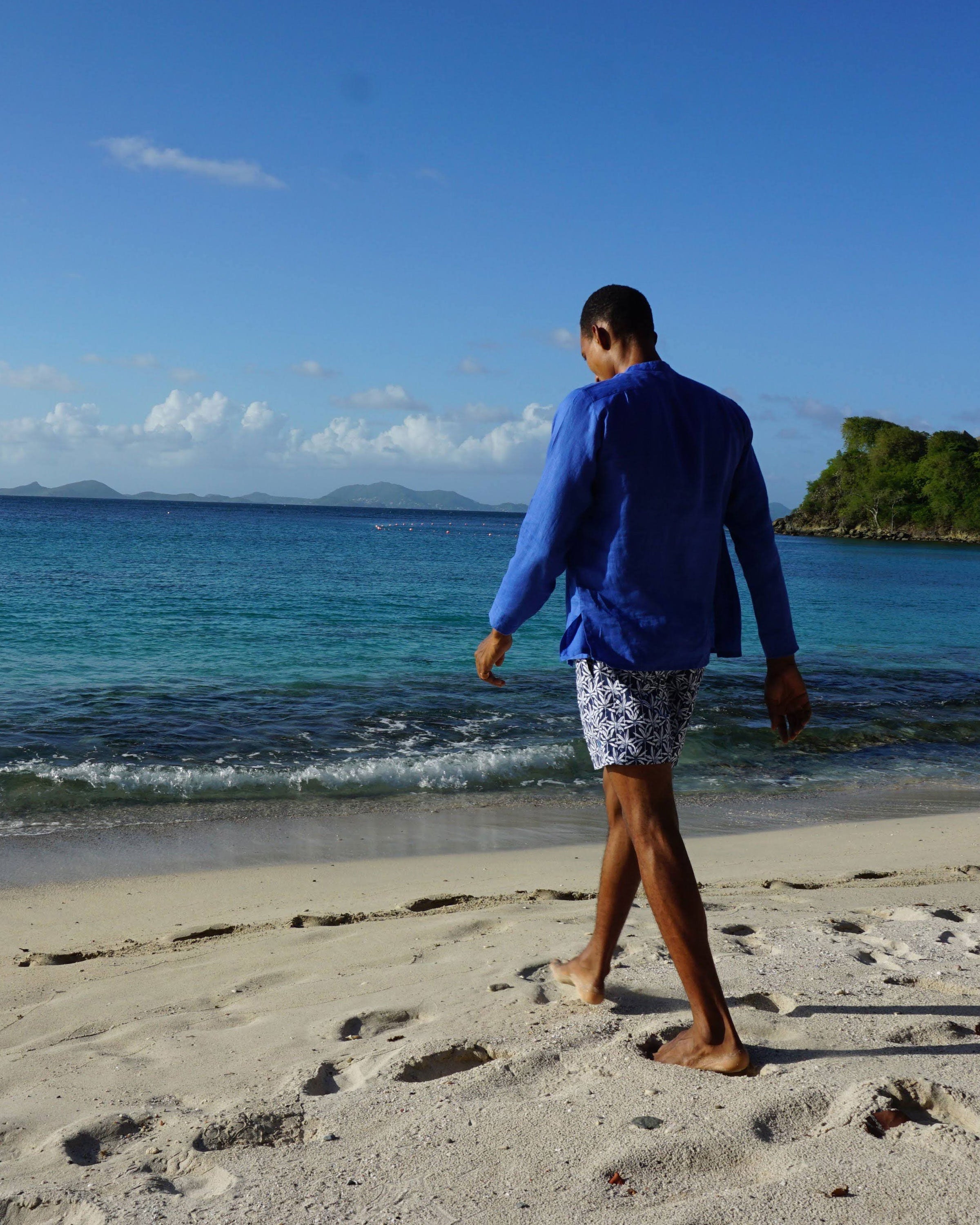 Collarless linen shirt in DAZZLING BLUE by designer Lotty B Mustique for Pink House Mens holiday wear