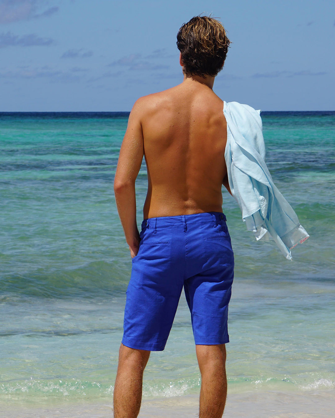 Mens linen shorts in comfort stretch blend, essential resortwear from Pink House Mustique