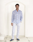 Designed to last, Mens pure linen shirt in signature blue Pink House Toile de Jouy print by designer Lotty B