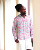 Designer men's linen shirt in coral and turquoise Parrot print designer Lotty B Mustique