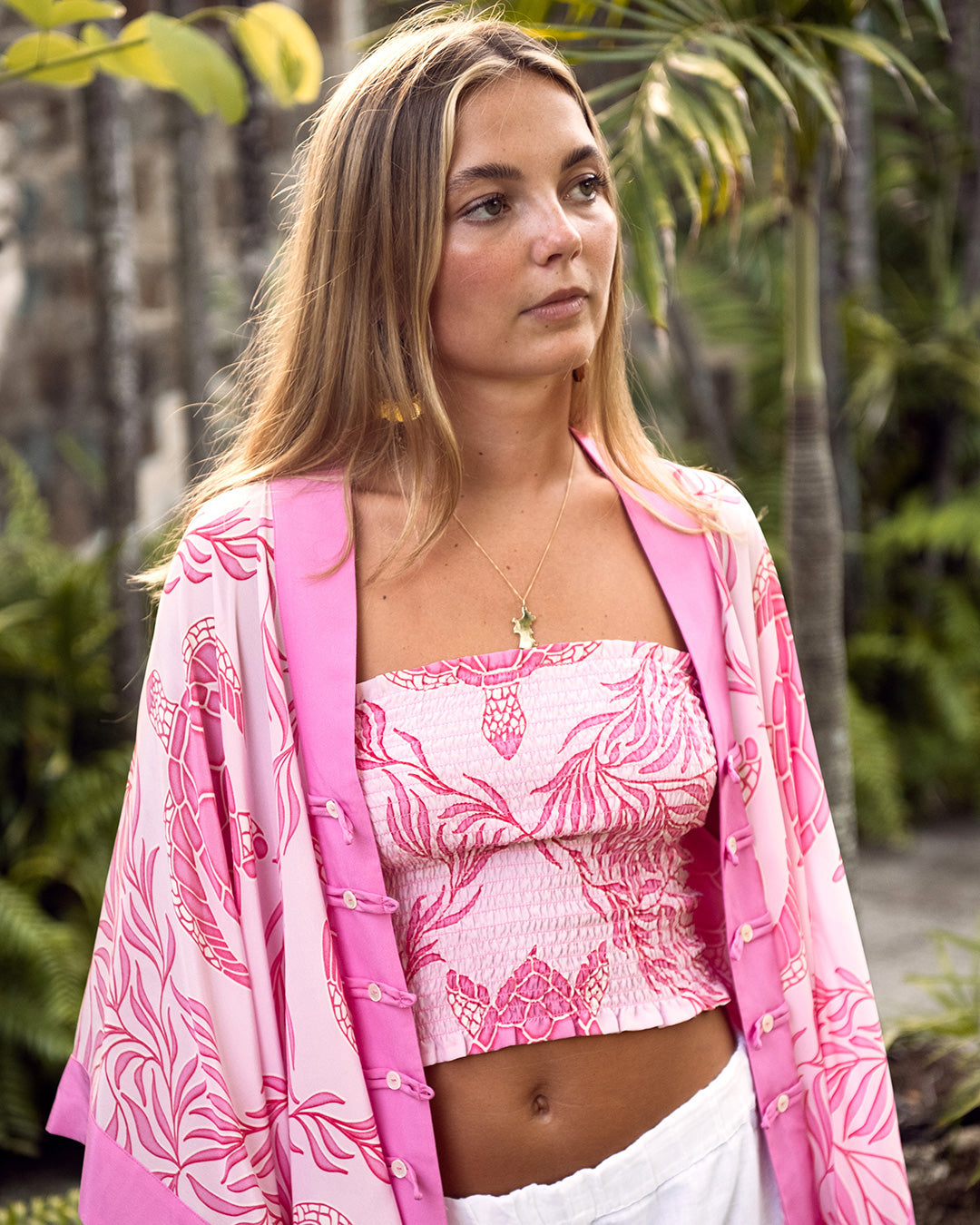 Tropical holiday chic cropped silk ruffle bandeau top in Turtle pink print by designer Lotty B for Pink House