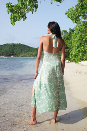Occasionwear Pure silk halter neck Dena dress in green Protea print by Lotty B Mustique