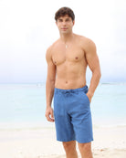 Drawstring mens casual pure linen shorts in mid blue by Pink House