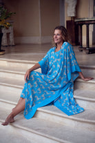 Villa holiday wear maxi dress caftan in Lurcher green & blue print designer Lotty B Mustique